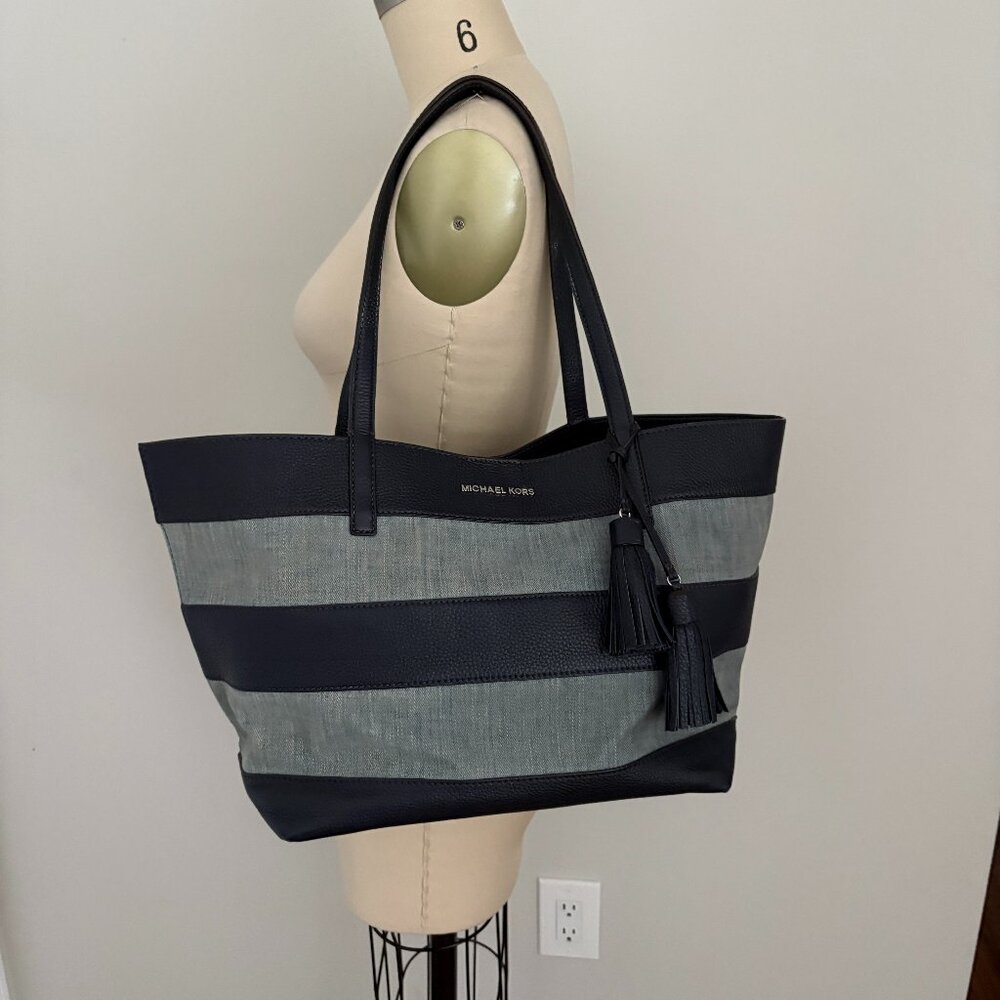 Michael Kors Navy Leather Striped Canvas Washed Denim Tote + Pouch Coastal Chic